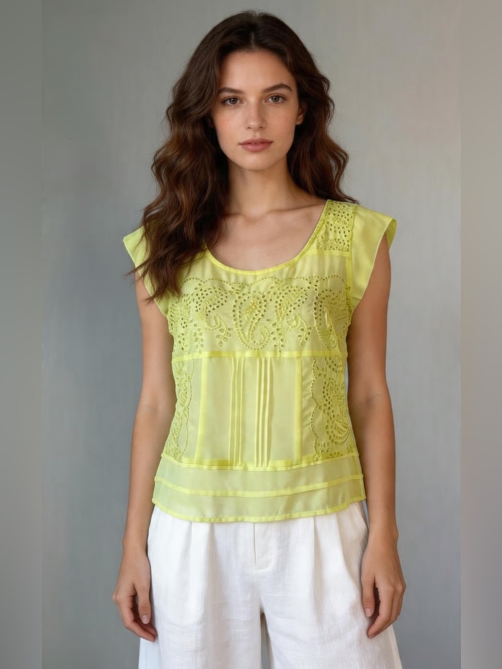 AMERICAN EAGLE | Neon Yellow Sheer Embroidered Button Back Blouse Sz S